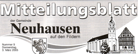 Titelblatt des Mitteilungsblattes der Gemeinde Neuhausen auf den Fildern vom 3. Mrz 2005