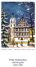 Weihnachtskarte mit dem Alten Schloss und der Pfarrkirche St. Petrus und Paulus. Gemalt von Hanns-Otto Oechsle aus Oberstenfeld